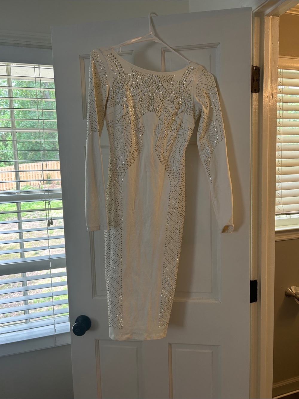 bebe White Long-Sleeve Rhinestone Bodycon Dress